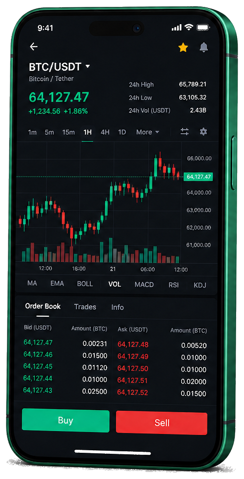 Verger Rendoire plateforme mobile de trading — graphique BTC/USDT en temps réel, carnet d’ordres et interface d’achat/vente
